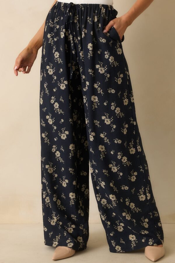Calming Energy Navy Floral Print Wide Leg Drawstring Pants