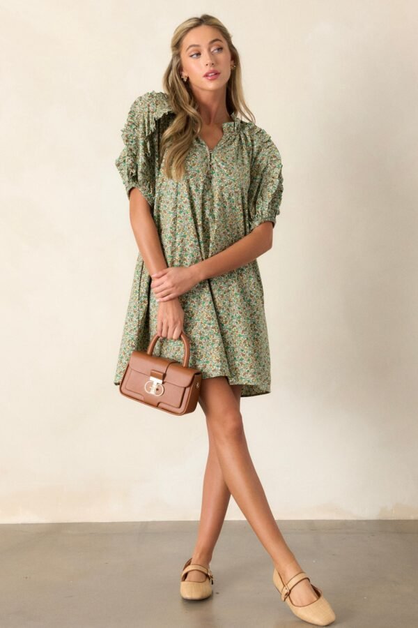 Can't Replace You Green 100% Cotton Puff Sleeve Mini Dress
