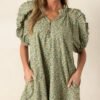 Can't Replace You Green 100% Cotton Puff Sleeve Mini Dress