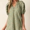 Can't Replace You Green 100% Cotton Puff Sleeve Mini Dress