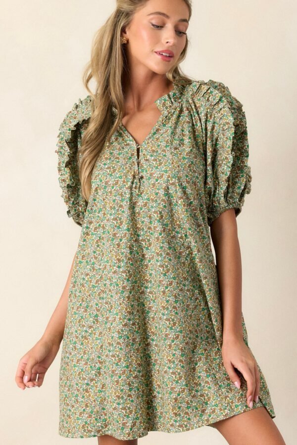 Can't Replace You Green 100% Cotton Puff Sleeve Mini Dress