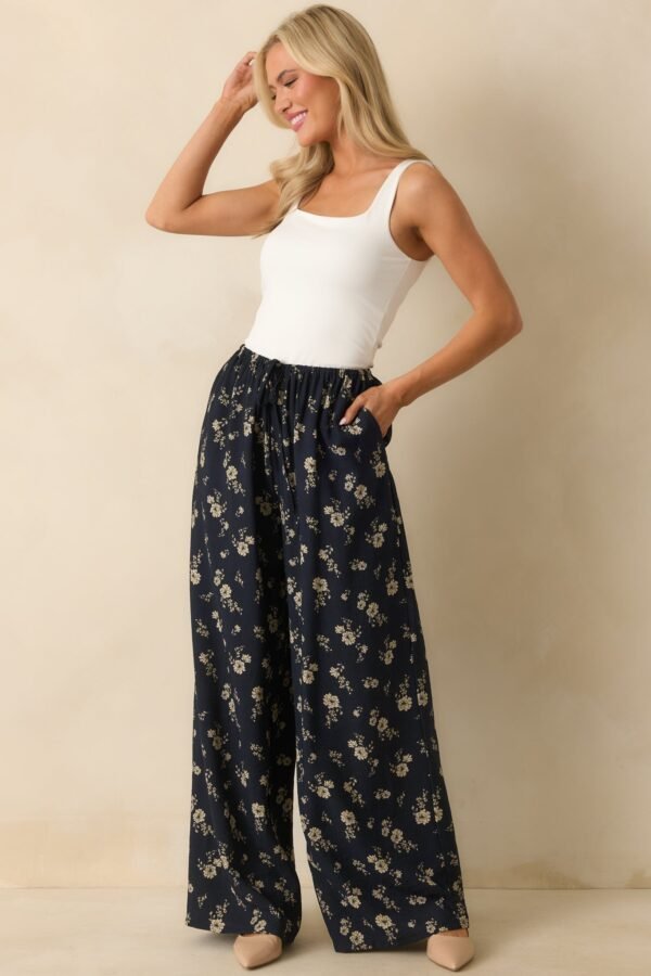 Calming Energy Navy Floral Print Wide Leg Drawstring Pants