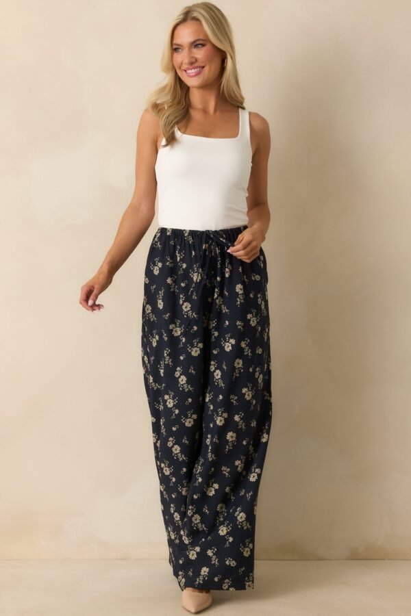 Calming Energy Navy Floral Print Wide Leg Drawstring Pants