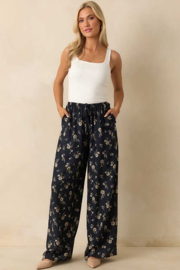 Calming Energy Navy Floral Print Wide Leg Drawstring Pants