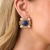 Beyond The Waters Gold Square Navy Stone Earrings