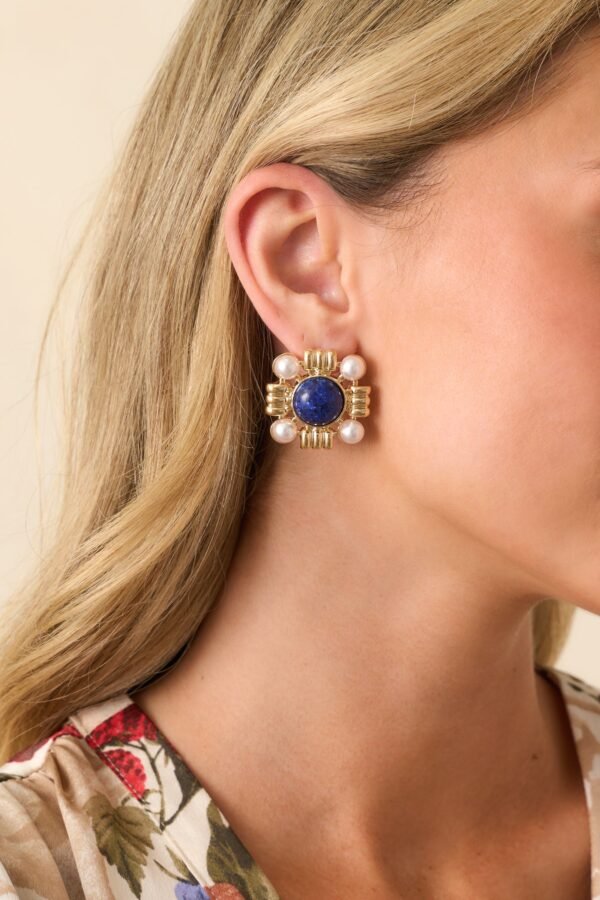 Beyond The Waters Gold Square Navy Stone Earrings