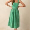 Cameron Meadow Green Cotton Belted Midi Dress