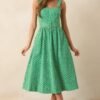 Cameron Meadow Green Cotton Belted Midi Dress
