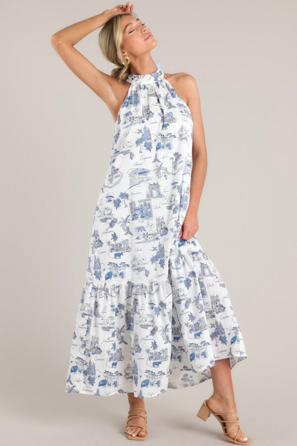 Beachside Party Blue & White Island Print Maxi Dress