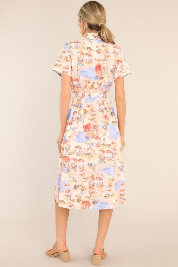 Best In Town Beige Island Print Cotton Midi Dress