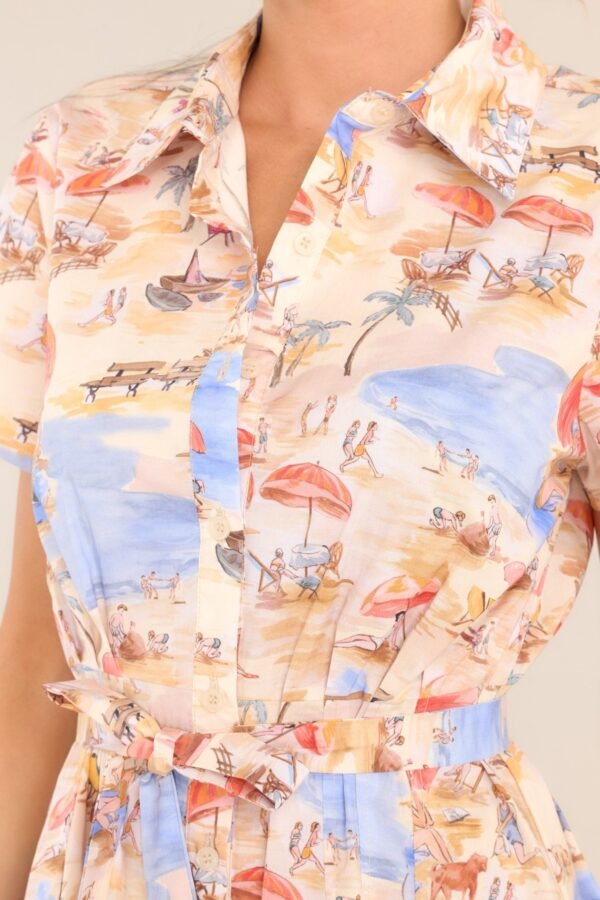 Best In Town Beige Island Print Cotton Midi Dress