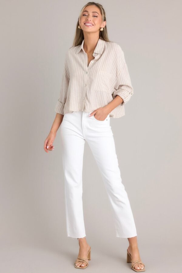Beyond Boundaries Tan Stripe Button Front Top