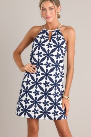 Botanical Breeze Navy Floral Embroidered Mini Dress