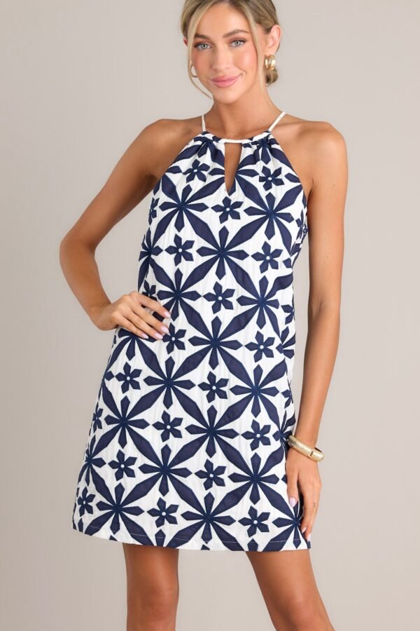 Botanical Breeze Navy Floral Embroidered Mini Dress