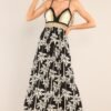 By The Sea Black Tropical Print Crochet Maxi Dress