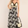 By The Sea Black Tropical Print Crochet Maxi Dress