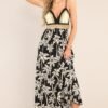 By The Sea Black Tropical Print Crochet Maxi Dress