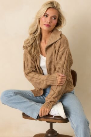 Better Believe It Camel Brown Cable Knit Zip Front Sweater Jacket