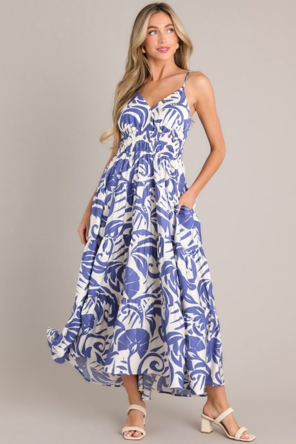 Caribbean Dream Blue Tropical Print Maxi Dress
