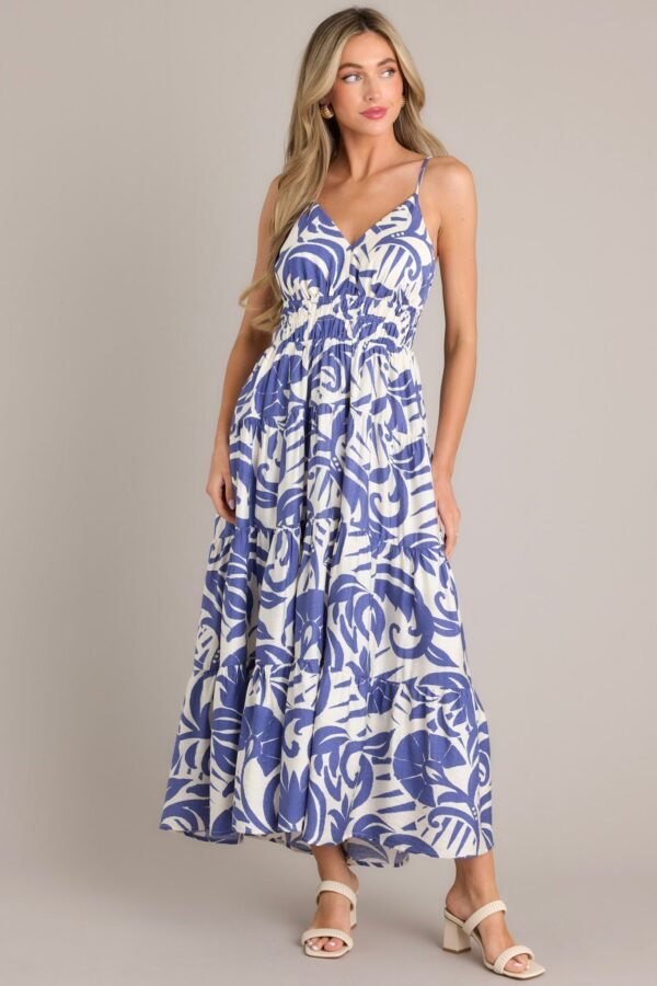 Caribbean Dream Blue Tropical Print Maxi Dress