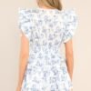 Castles Crumbling Blue Toile Ruffle Dress