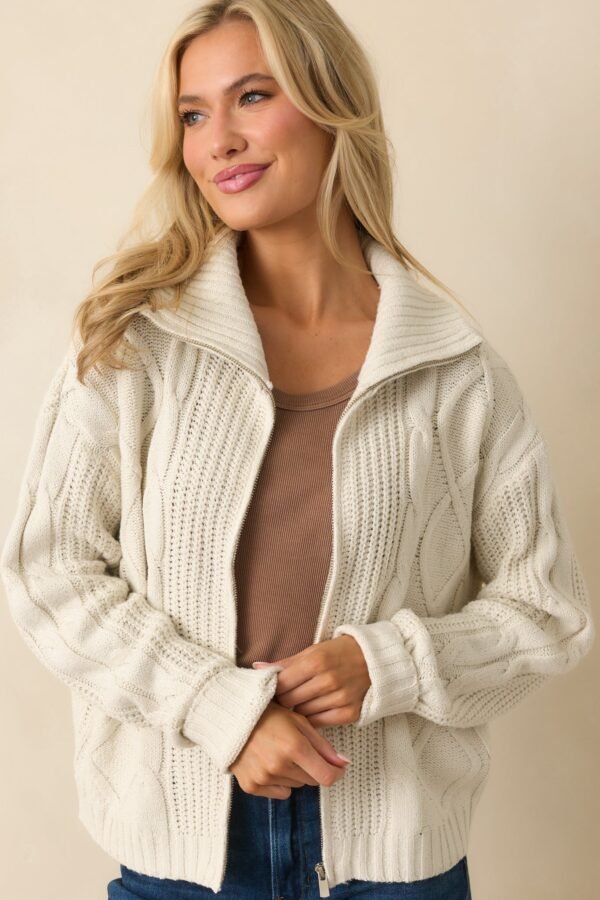 Better Believe It Ivory Cable Knit Zip Front Sweater Jacket