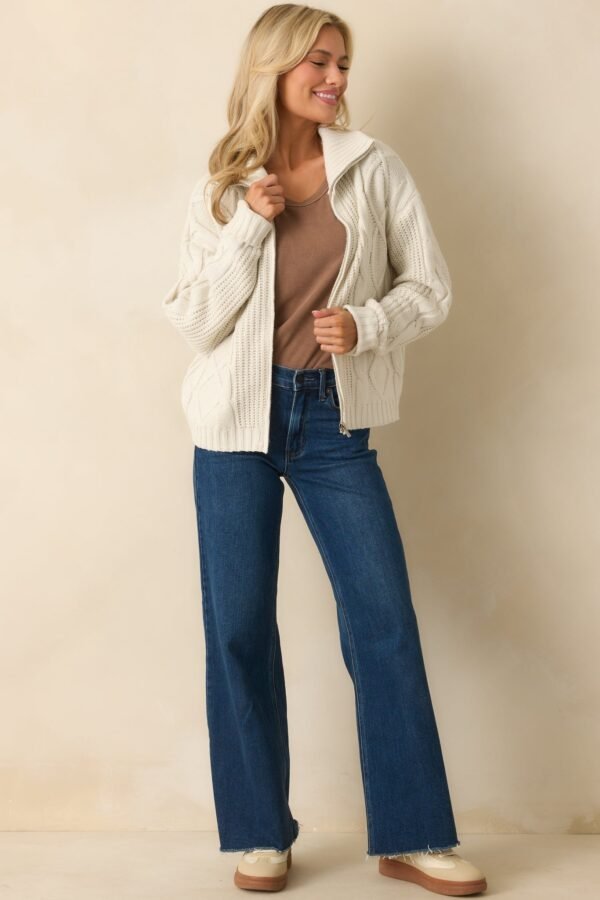 Better Believe It Ivory Cable Knit Zip Front Sweater Jacket