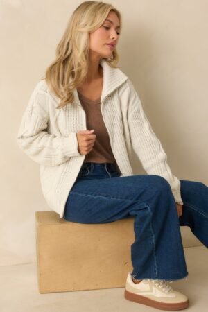 Better Believe It Ivory Cable Knit Zip Front Sweater Jacket
