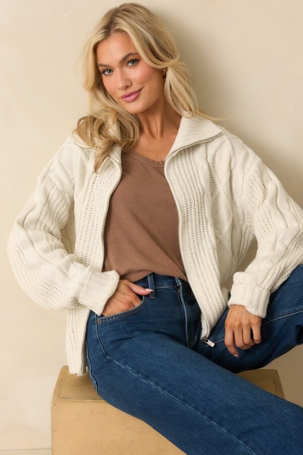 Better Believe It Ivory Cable Knit Zip Front Sweater Jacket