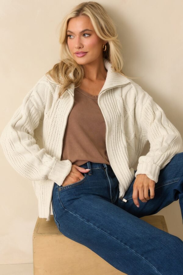 Better Believe It Ivory Cable Knit Zip Front Sweater Jacket