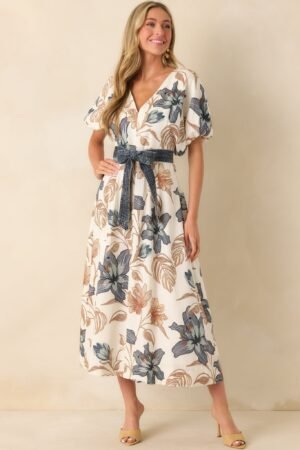 Aylaya Ivory Multi Floral Print Linen Blend Sorrento Maxi Dress