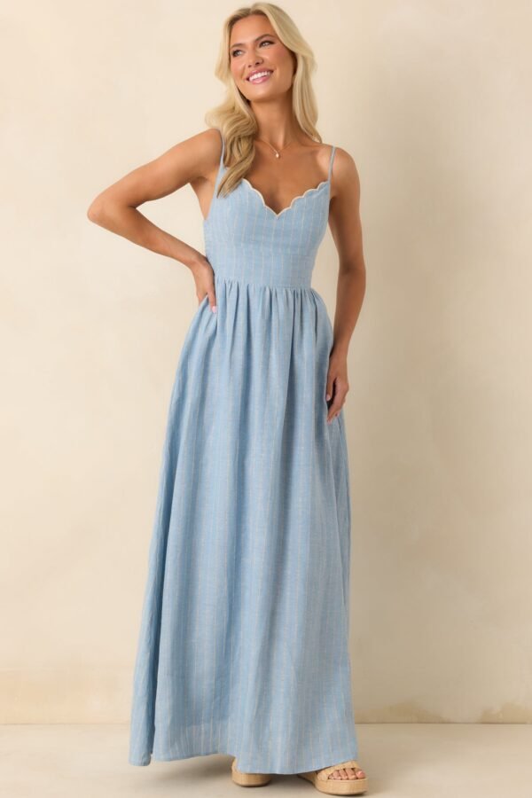 Aylaya Light Blue Stripe Linen Singapore Maxi Dress