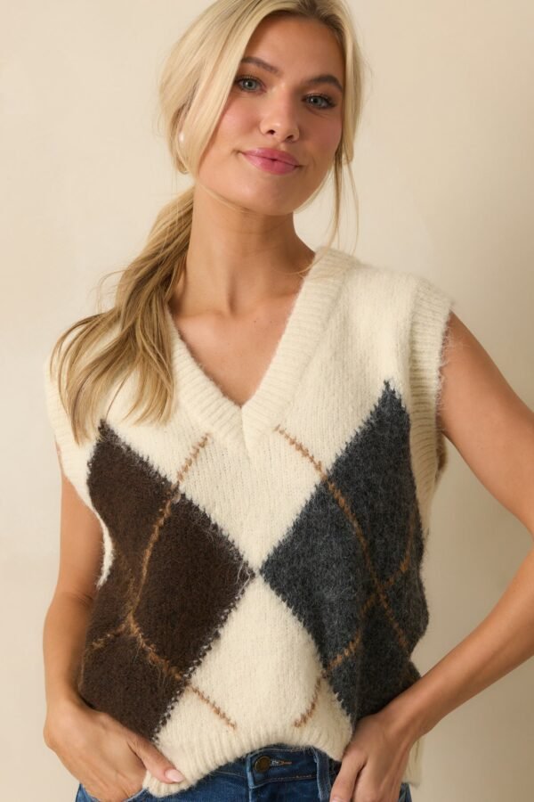 At The Right Time Ivory Argyle V-Neck Sweater Vest