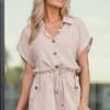 Big Moment Tan Stripe Cotton Collared Romper