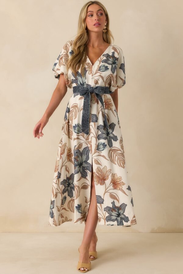 Aylaya Ivory Multi Floral Print Linen Blend Sorrento Maxi Dress