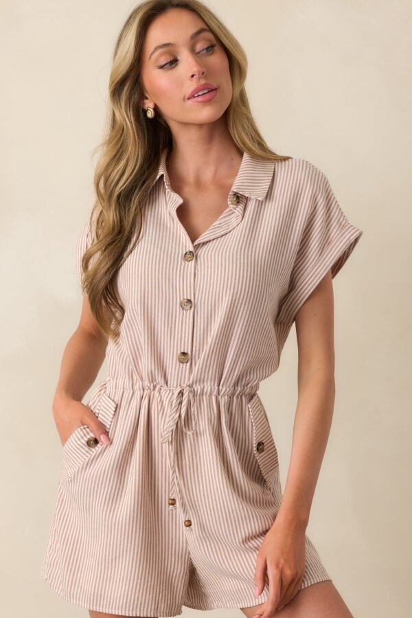Big Moment Tan Stripe Cotton Collared Romper