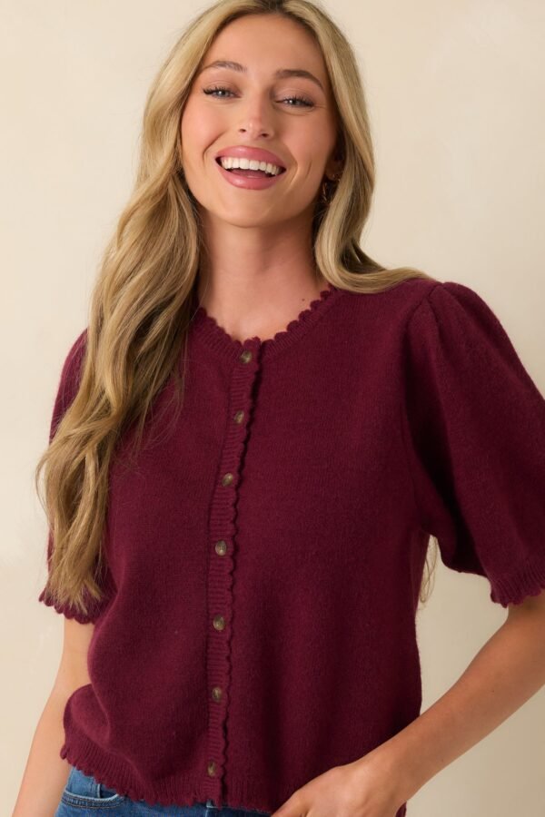 Caught Up In The Moment Wine Knit Short Sleeve Cardigan