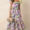 Blooming Shores Pink Tropical Floral Flutter Sleeve Maxi Dress