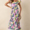 Blooming Shores Pink Tropical Floral Flutter Sleeve Maxi Dress