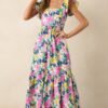 Blooming Shores Pink Tropical Floral Flutter Sleeve Maxi Dress