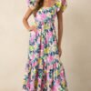 Blooming Shores Pink Tropical Floral Flutter Sleeve Maxi Dress