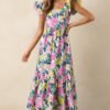 Blooming Shores Pink Tropical Floral Flutter Sleeve Maxi Dress