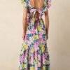 Blooming Shores Pink Tropical Floral Flutter Sleeve Maxi Dress