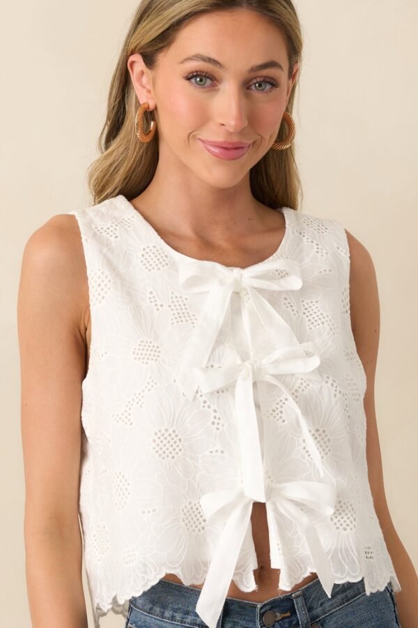 By My Side White Cotton Embroidered Eyelet Bow Front Top