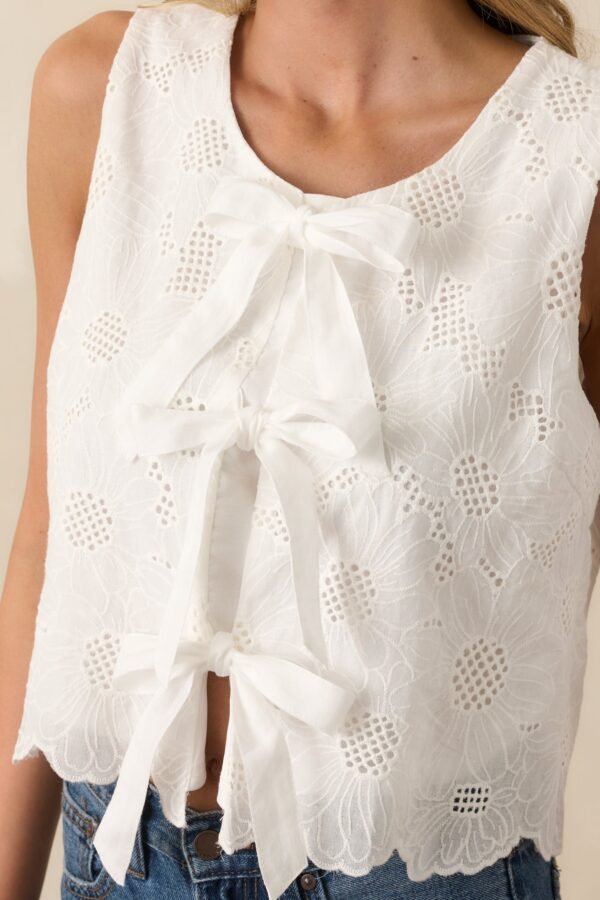 By My Side White Cotton Embroidered Eyelet Bow Front Top